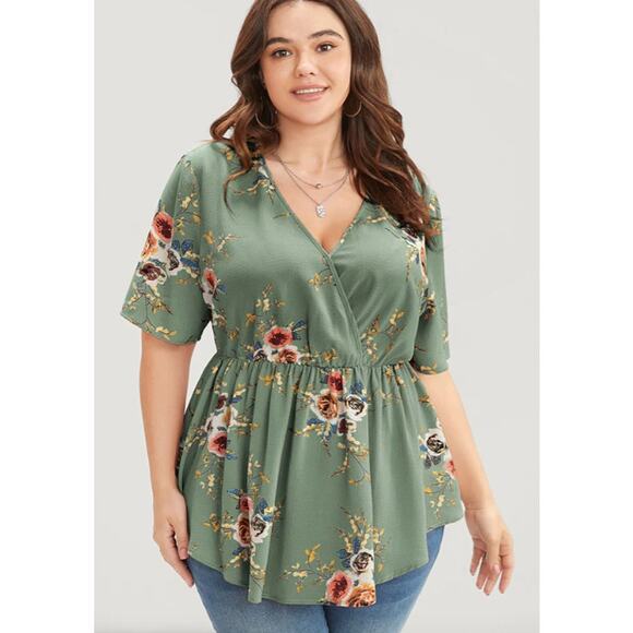 761 Floral Print Wrap Ruffles Asymmetrical Hem Blouse Sage Green size 12 NWT - Picture 1 of 7